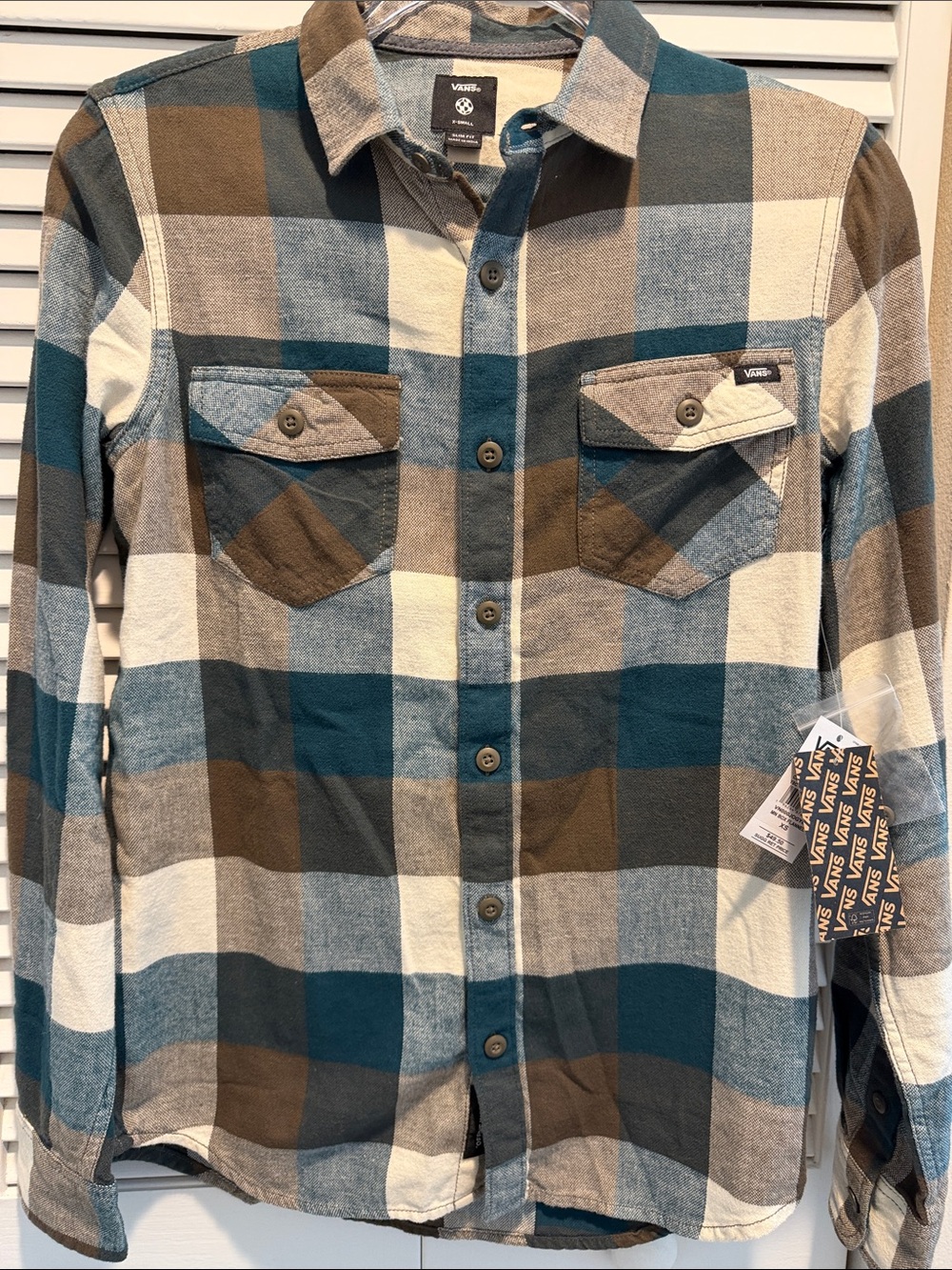 Vans Men’s Box Flannel Plaid Button-Down Shirt in Deep Teal and Canteen. XS NWT